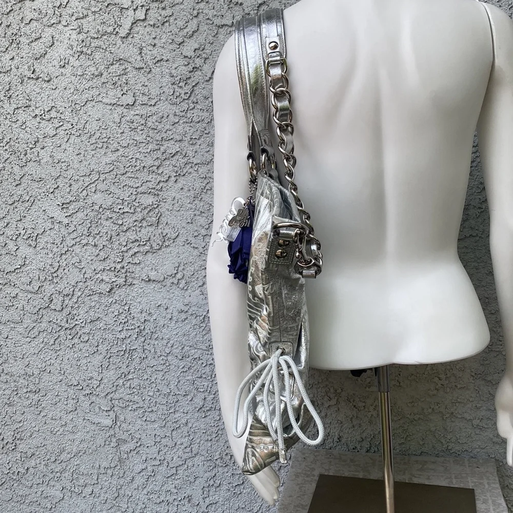 Vintage Y2K RARE Silver Metallic Coach Poppy Signature Shoulder Bag Purse XL - Picture 6 of 16